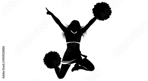 Silhouette of a jumping cheerleader with pom-poms, celebrating success