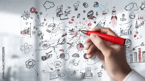 Person drawing conceptual business icons on a transparent surface