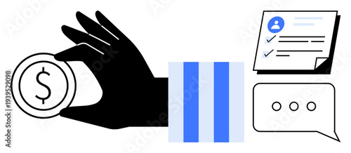Black hand holding coin, user checklist documents, chat bubble. Ideal for finance, banking, savings, communication, evaluation goal setting negotiation. Clean simple flat metaphor
