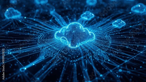 Glowing Cloud Secure Data Transfer Between Servers, Cyber Security Network Animation, Seamless Loop 4K