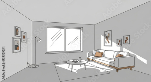 Minimalist Bedroom Interior with Large Window and Modern Decor.