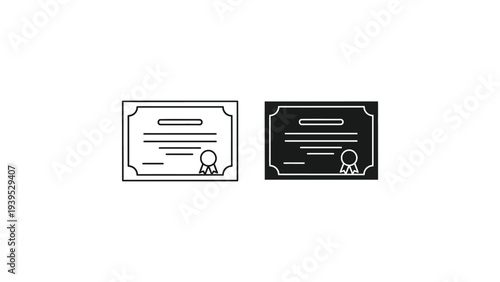Certificate icons in minimalist design with ribbon in black and white color for official documents