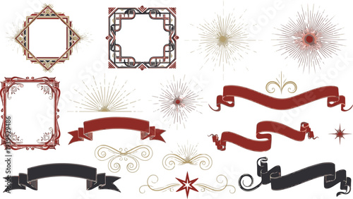 Deco frames ribbons and starburst ornaments