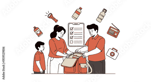 Family preparing emergency kit together at home with supplies