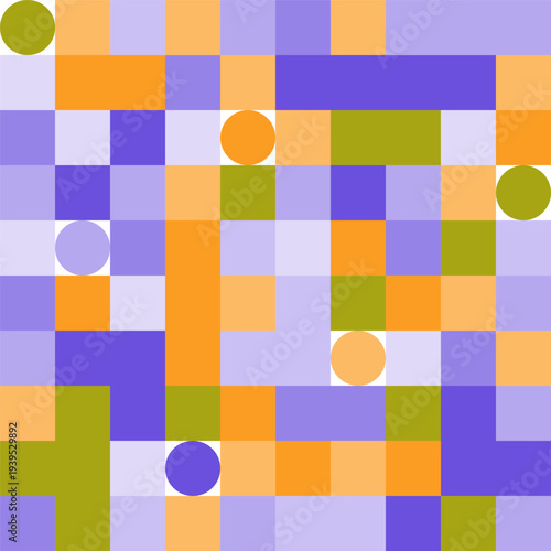 Background of multicolored squares and circles, shades of purple and yellow. Vector