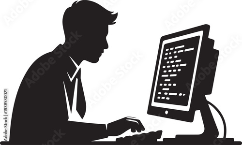 Silhouette of a Professional Male Programmer Coding on Desktop Computer.