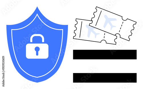 Shield with lock next to airline tickets and black bars symbolizing data privacy, secure transactions, and travel safety. Ideal for cybersecurity, privacy, travel, ticketing, identity protection