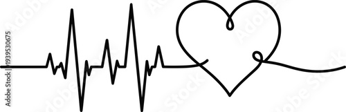 Black line vector illustration combining heartbeat electrocardiogram pattern with heart shape, medical cardiology design symbolizing health, life, and love