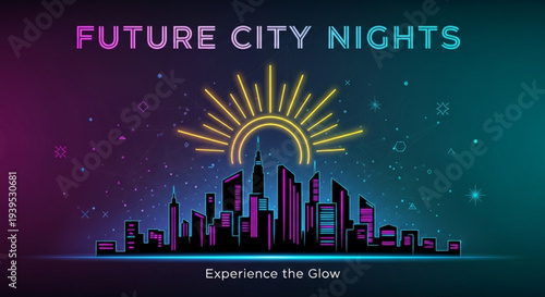 Neon cityscape at night with glowing sun and skyscrapers purple and blue gradient background futuristic urban landscape