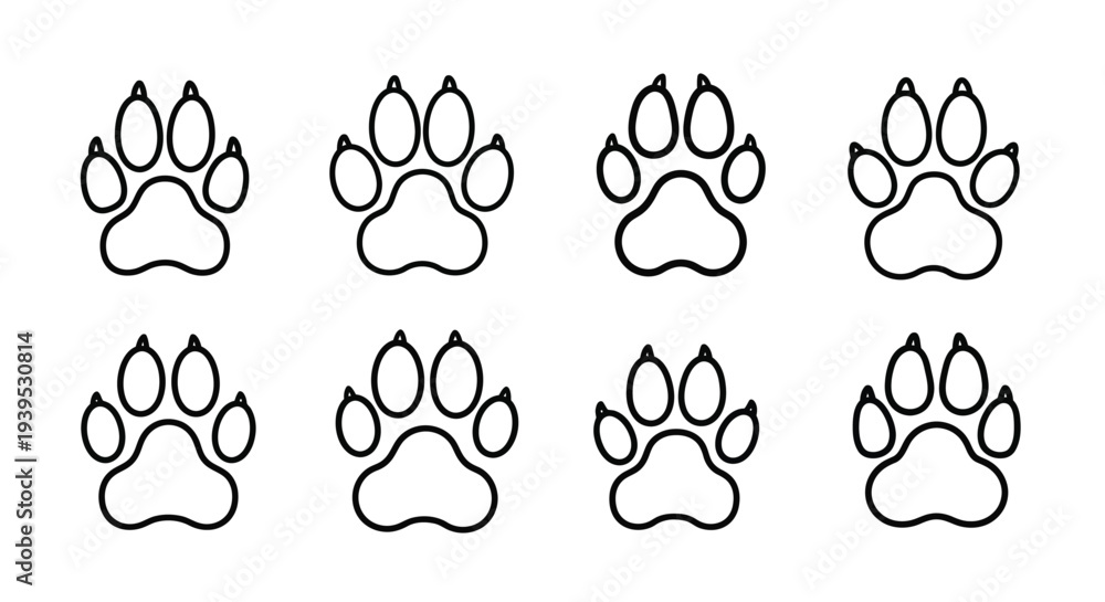 Fototapeta premium Eight black paw prints arranged in a grid simple silhouette