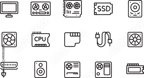 PrintComputer Hardware Components and PC Parts Icon Set - Graphics Card, CPU, Cooler Fan, and Storage Devices
