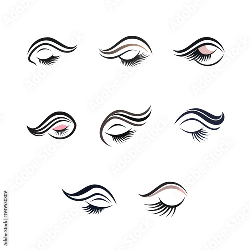 Set of elegant feminine eye logos with eyebrows and mascara lashes