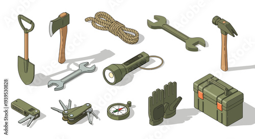 Isometric Survival Equipment Set and Military Tactical Tools Vector Illustration