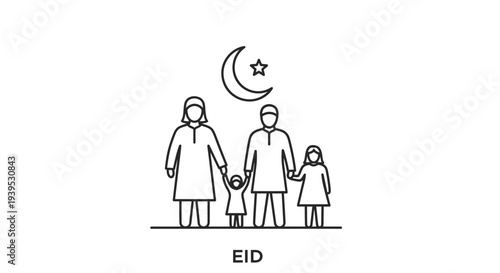 Eid Celebration with Family Simple Line Art Illustration