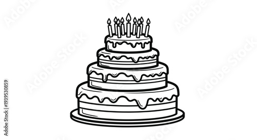 A beautifully drawn three tiered cake with lit candles silhouette