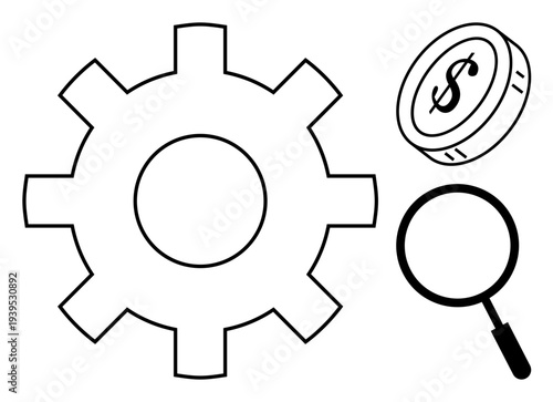 Business analysis. Gear with coin and magnifying glass business processes, financial operations, and data scrutiny. Business analysis for productivity, strategy, and finance. Usable for concepts