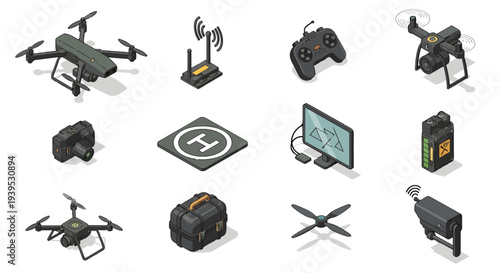 Isometric Drone Technology and Military Surveillance Equipment Icon Set