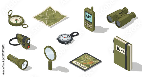 Military Navigation and Tactical Equipment Isometric Icon Set