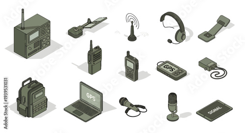 Military Communication and Navigation Equipment Isometric Vector Set - Tactical Radio, GPS, Satellite, and Signal Transmission Technology Illustration