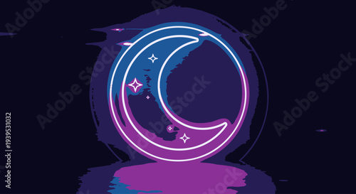 Neon Moon Symbol with Stars on Dark Background