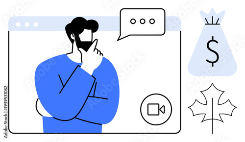 Man contemplating during a virtual meeting with chat bubble, video call icon, money bag, and maple leaf symbol. Ideal for financial discussions, global communication, remote work, e-commerce