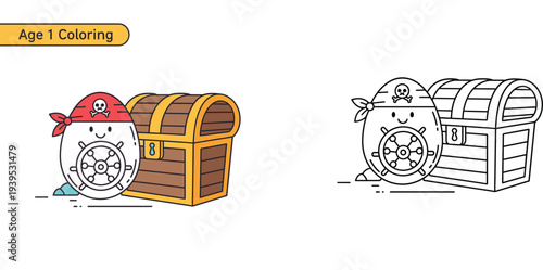 Pirate Themed Easter Egg Character with Treasure Chest Vector Illustration Set for Toddlers Coloring Book Activity - Colored and Outline Versions for Kids Education