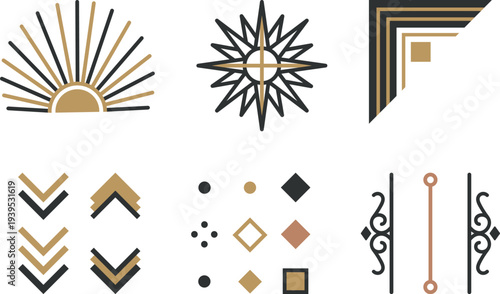 Art Deco Geometric Ornaments & Sunburst Icon Set, Vintage Decorative Elements Vector Illustration