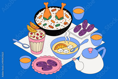 Traditional Islamic Eid Food Feast Table Top View Vector