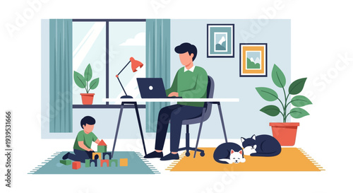 Man Working From Home with Child Playing and Cats Relaxing, Depicting Modern Work-Life Balance and Family Life in a Cozy Domestic Setting