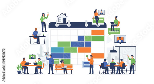 Hybrid Work Schedule Management and Remote Team Collaboration Illustration