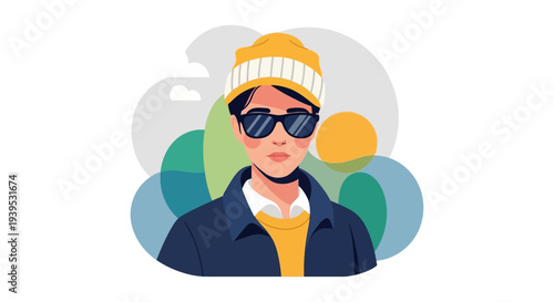 Stylish Flat Design Portrait of a Person in Beanie and Sunglasses
