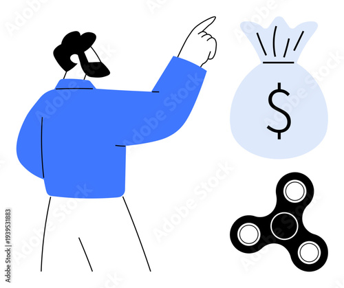 Financial planning, work-life balance, productivity, decision making, investment, entertainment. A person pointing to a bag with a dollar sign beside a fidget spinner. Financial planning