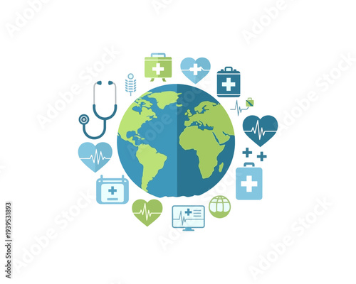 Global health concept with Earth surrounded by medical icons representing worldwide healthcare and wellness.