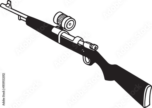 A clean, bold illustration of a rifle, complete with a scope, suggesting precision and focus, poised for action and adventure.