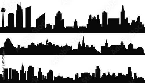 Flat vector city skyline silhouettes in three rows, modern skyscrapers, historic architecture, cultural landmarks, urban design, minimal art illustration