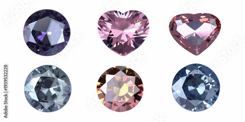 A collection of faceted gemstones in varying shades of purple and pink