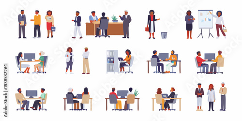 Diverse group of people collaborating in various modern office settings