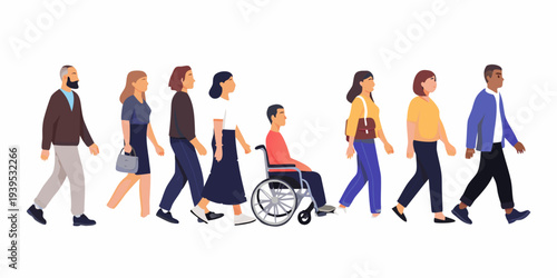 Diverse group of people walking together in a line illustration