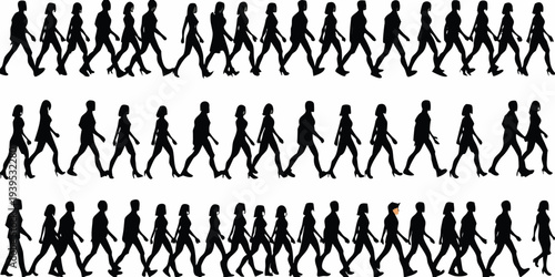 Silhouettes of walking people arranged in repeating rows and columns