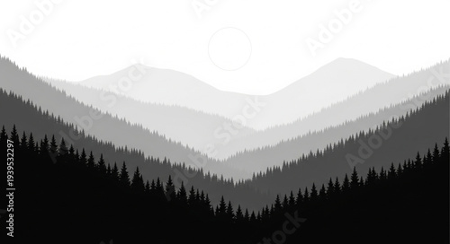 Silhouette of Mountain Range with Layered Hills.