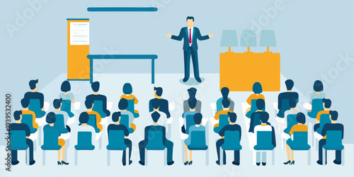 A speaker presents to a large audience in a conference setting