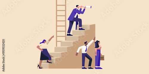 A businessman climbs stairs with a telescope observed by colleagues below