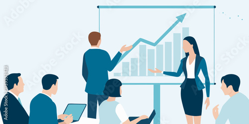 Business professionals presenting data analysis and growth strategies in a meeting