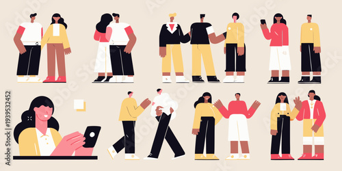 Diverse group of stylized people interacting in a modern illustration