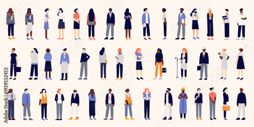 Diverse group of people in business attire standing in rows