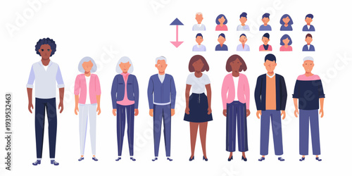 Diverse group of people standing in a line showing age and ethnicity