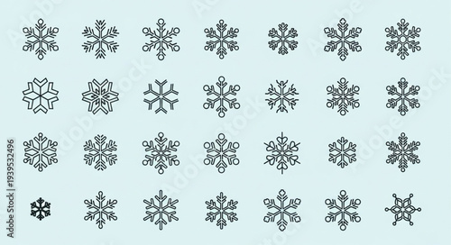 Collection of Various Snowflake Icons and Patterns.