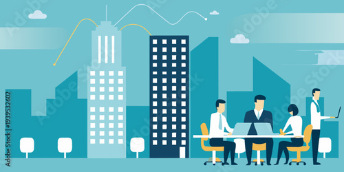 Modern cityscape illustration featuring a business team meeting indoors