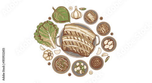 Illustration of roasted chicken with vegetables and spices.