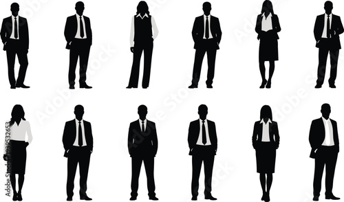 PrintBlack silhouette vector illustration of diverse business professionals in formal attire, corporate team poses, workplace diversity concept for commercial design